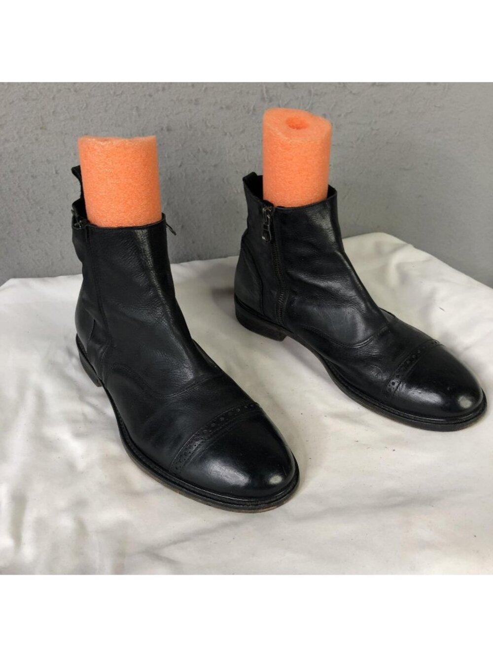 Ankle Boots Mens Size 8 Black Leather Cap Toe Zip Strap Brogue Bootie Casual